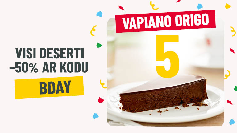 🎉 Vapiano Origo svin 5 gadu jubileju! No 4.01. līdz 11.01. pievienojieties mums dzimšanas dienas nedēļā. 🍰 Visi deserti -50% ar kodu BDAY. Salds iemesls, lai iegrieztos. Piedāvājums spēkā no 4.01. līdz 11.01.