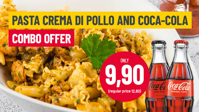 Craving something creamy and satisfying? 😍 Our Pasta Crema di Pollo paired with a refreshing Coca-Cola or Coca-Cola Zero is now just 9,90€. The perfect combo for your lunch break or dinner treat. Come grab yours today! 🍝✨