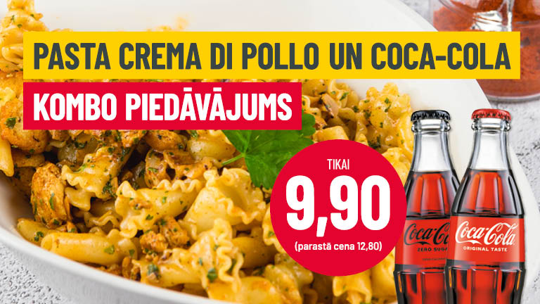 Kārojas ko krēmīgu un sātīgu? 😍 Mūsu Pasta Crema di Pollo kopā ar atsvaidzinošu Coca-Cola vai Coca-Cola Zero tikai par 9,90€. Ideāls komplekts Tavai pusdienu pauzei vai gardām vakariņām. Nāc un baudi jau šodien! 🍝✨