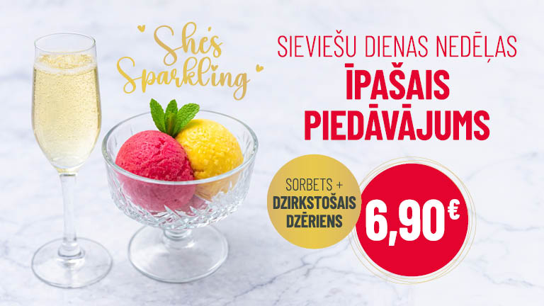 Sieviešu dienas nedēļā mēs esam radījuši īpašu piedāvājumu, kas apvieno saldumu, svaigumu un mazliet burbuļojošas maģijas… 🌸 Sorbets + dzirkstošais dzēriens tikai par 6,90 € 🌸