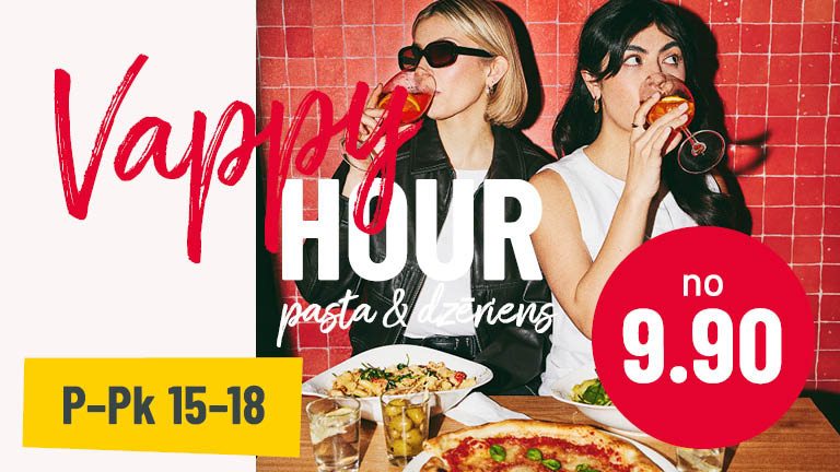 Gara darba diena? Mums ir risinājums. Vappy Hour 🍝 pasta & dzēriens no 10.90 P–Pk 15–18 Nāc un izbaudi.
